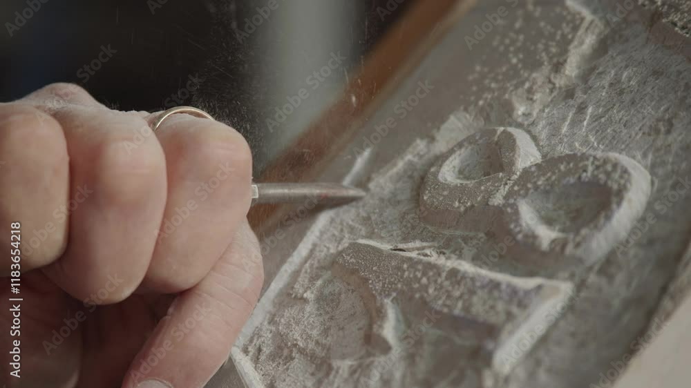 Poster close-up view when a man engraving a stone surface with his hand as a type shape.