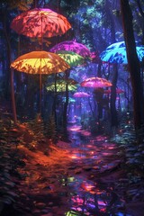 A magical forest path illuminated by colorful umbrellas, reflecting vibrant light and serene nature.