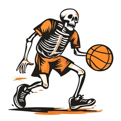 Skeleton playing basketball, cartoon style, sports illustration