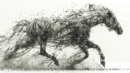 Fototapeta premium A dynamic, abstract representation of a galloping horse, showcasing movement and energy through splashes and lines.