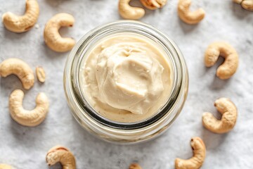 Creamy cashew spread in jar surrounded by whole cashews creates