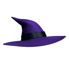 a classic witch's hat, characterized by its vibrant purple color and a wide brim that curves upward at the tip. 