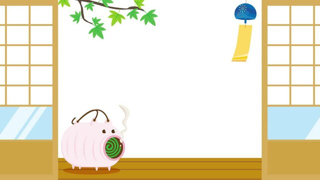 日本の夏の風景のアニメーション　風鈴と蚊取線香