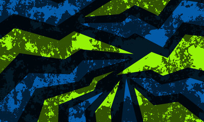 A vibrant and energetic abstract background featuring a dynamic pattern of jagged, sharp shapes in contrasting blue and green hues. The design incorporates a grunge texture, adding a raw and edgy feel