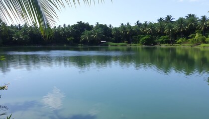 Serene Tropical Lake Palm Trees Calm Water Reflections Peaceful Scene