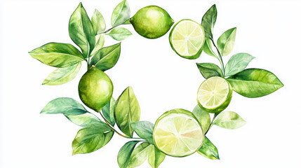 Watercolor wreath of green leaves and limes, vector illustration, white background, pastel colors, clip art