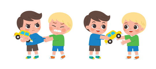 Two scenes of children with a toy car: one showing conflict as they fight over it, and the other showing harmony as they share it, reflecting both sides of childhood interactions.