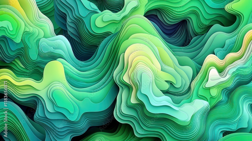Poster abstract fluid waves of green and teal in artistic layered design for modern backgrounds and texture