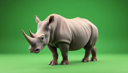 Obraz premium A majestic white rhinoceros, digitally rendered, stands against a vibrant green backdrop. This detailed 3D model showcases the animal's powerful build and impressive horn, emphasizing its presence in