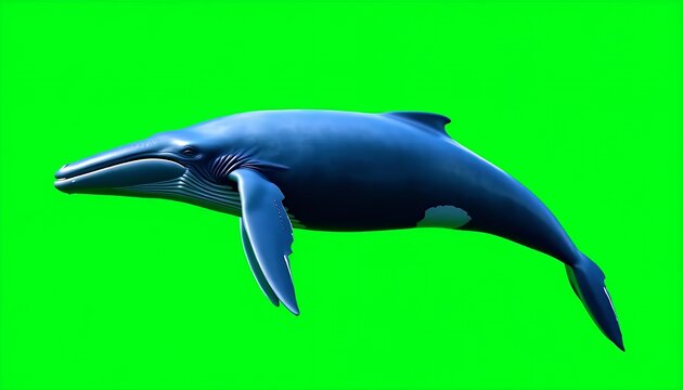 A large blue whale gracefully swimming in a clear ocean setting, isolated against a vibrant green screen background.  This high-quality, digitally rendered image showcases intricate details of the wha