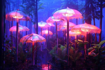 A mesmerizing scene featuring glowing, colorful umbrellas amidst lush greenery in a mystical atmosphere.