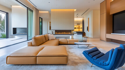 Beige leather sofa and blue fabric lounge chair in room with fireplace, minimalist home interior design of modern living room