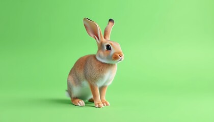 Fototapeta premium Adorable Orange and White Rabbit Sitting on Green Background