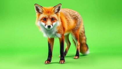 Fototapeta premium Alert Red Fox on Green Background Studio Portrait