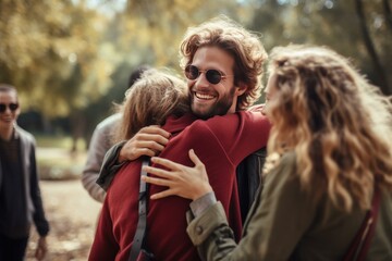 Fototapeta premium Group of friends hugging in a park, enjoying a cheerful moment of togetherness and camaraderie
