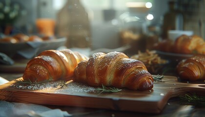 Two freshly baked croissants on a wooden board, dusted with powdered sugar and rosemary sprigs, with other pastries in the background.
