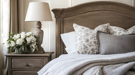 Close up of rustic bedside table lamp near bed with wood headboard, french country, farmhouse, provence interior design of modern bedroom