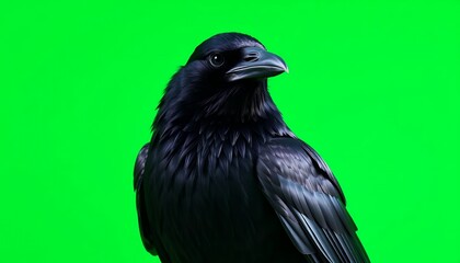 Fototapeta premium Close-up portrait of a black crow isolated on a green screen background