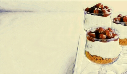 A colored pencil illustration featuring delicious mousse  desserts with cherries in glass cup.