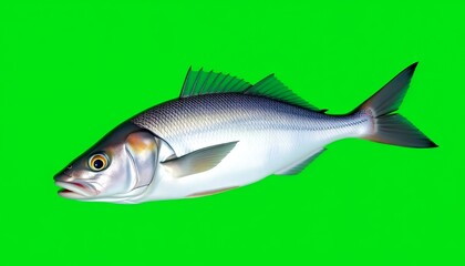Fototapeta premium Close-up view of a single fish isolated against a green screen background. The fish has detailed scales and fins, appearing realistic and lifelike. This high-resolution image is suitable for various u