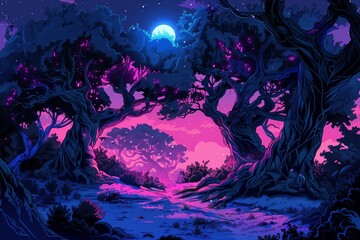A mystical forest scene illuminated by a glowing moon, surrounded by vibrant trees and a serene atmosphere.