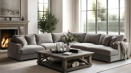 Fototapeta premium Grey cozy corner sofa and rustic coffee table in room with fireplace, french country, farmhouse home interior design of modern living room
