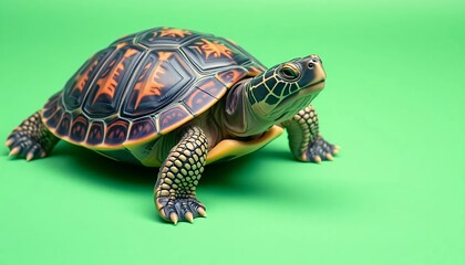 Fototapeta premium Closeup of a Turtle on Green Background
