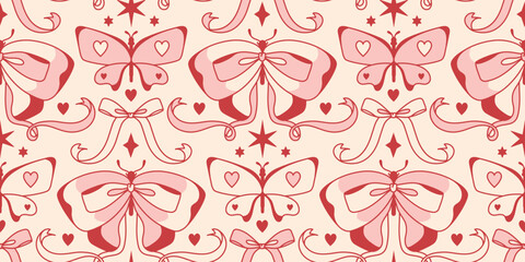 Charming coquettish seamless background. Bohemian pink butterflies, moths, adorable bows, and decorative ribbons. Romantic wonderland. Vintage spring aesthetic. Feminine vibe