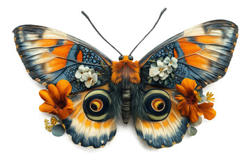 Vibrant Butterfly with Floral Embellishments: Nature-Inspired Art for Home Decor, Prints, and Fashion Designs, transparent 