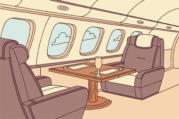A luxury private jet interior, showcasing a lavish seating area with plush leather chairs, a polished wooden table vector illustraion