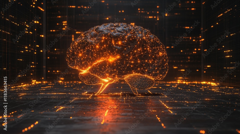 Poster glowing brain neural network in digital space