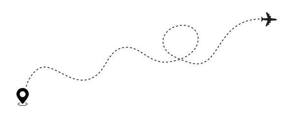 Airplane line path route travel vector concept. Plane routes dotted paths aircraft travel route start point flight destination black airplane. Plane, airplane, Aeroplane, flight, airline.