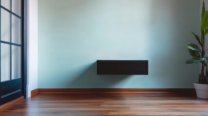 Fototapeta premium Minimalist interior with a green wall, wooden floor, and a small plant in the corner.