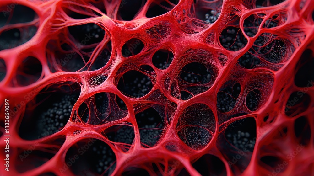 Poster biomedical of nanotechnology. intricate red cellular structure with dark background and network-like