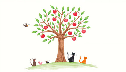 Cats and a tree with red apples in a whimsical illustration