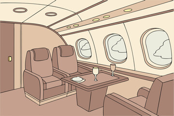 A luxury private jet interior, showcasing a lavish seating area with plush leather chairs, a polished wooden table vector illustraion