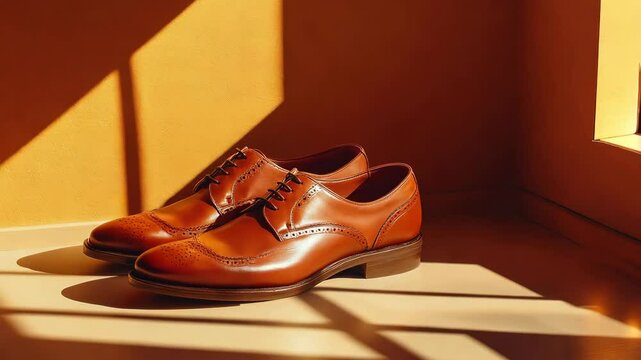 Elegant brown leather dress shoes with brogue detailing, showcasing exquisite craftsmanship and style in warm sunlight, perfect for formal occasions and fashion forward looks.