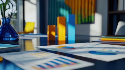 a vibrant financial business concept featuring colorful bar graphs and intricate data charts on a sleek office desk