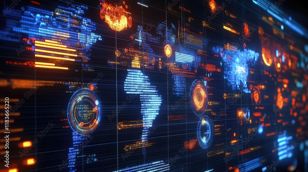 Poster glowing digital world map data visualization