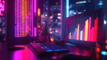 a vibrant financial business concept featuring colorful bar graphs and intricate data charts on a sleek office desk
