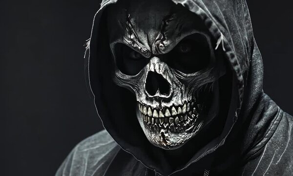 Person in black hoodie wearing skull mask dark setting, creating spooky atmosphere