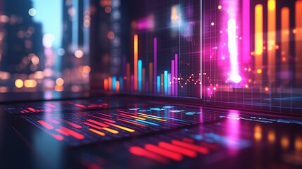 a vibrant financial business concept featuring colorful bar graphs and intricate data charts on a sleek office desk