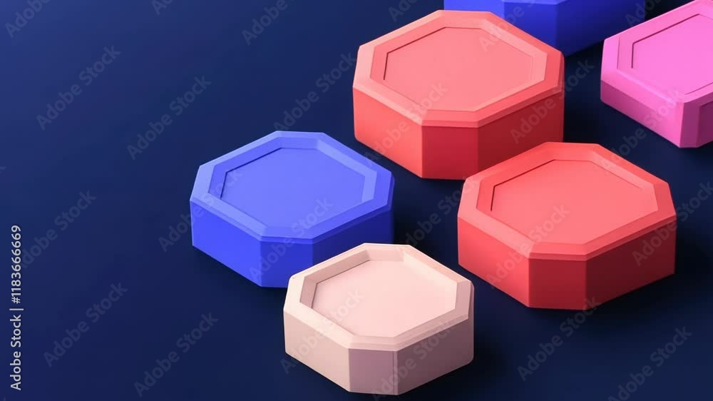 Poster arrangement of hexagonal shapes in various colors, set against a deep blue background, creating a mo
