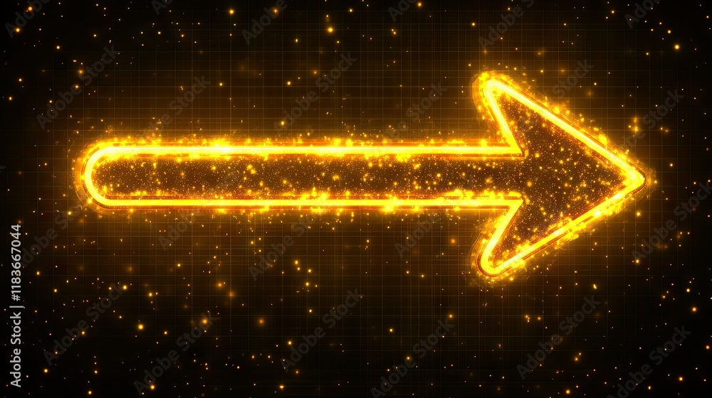 Poster glowing golden arrow with sparkly particles on dark background