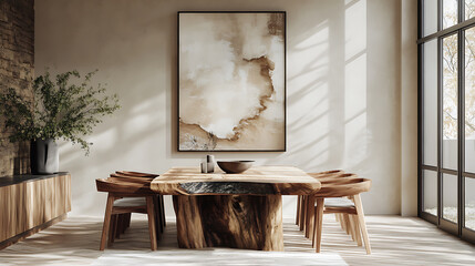 Rustic live edge dining table and wooden log chairs against beige wall with big art poster frame, farmhouse, japandi interior design of modern dining room