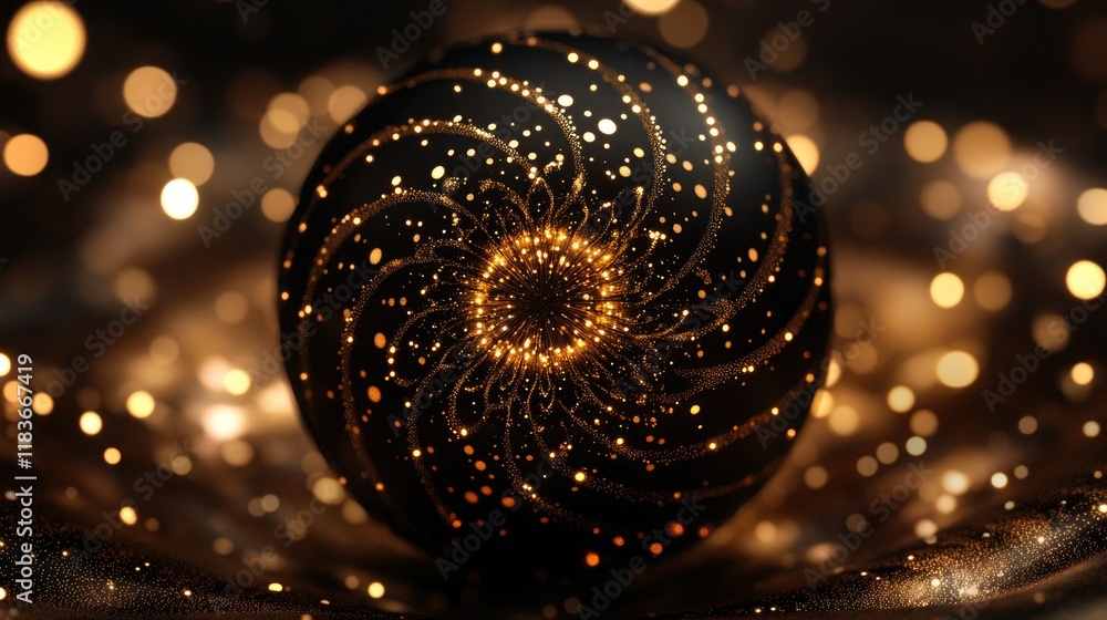 Poster glowing golden sphere with sparkling particles abstract background
