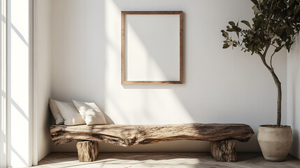 Rustic old wood log bench near white wall with art poster frame, boho interior design of modern living room in farmhouse