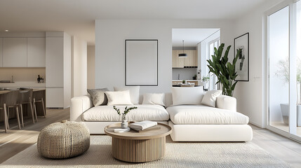 Wooden tv unit in spacious room, scandinavian home interior design of modern living room