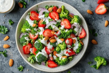 A close up vertical view of a plate featuring a salad of broccoli strawberries red onions and almonds topped with yogurt