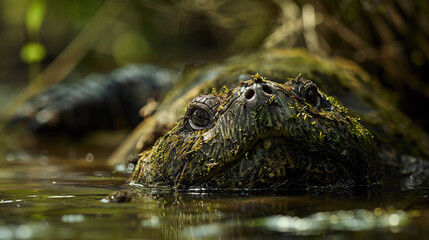Obraz premium A close-up of a snapping turtle partially submerged in a pond, its textured shell covered in moss